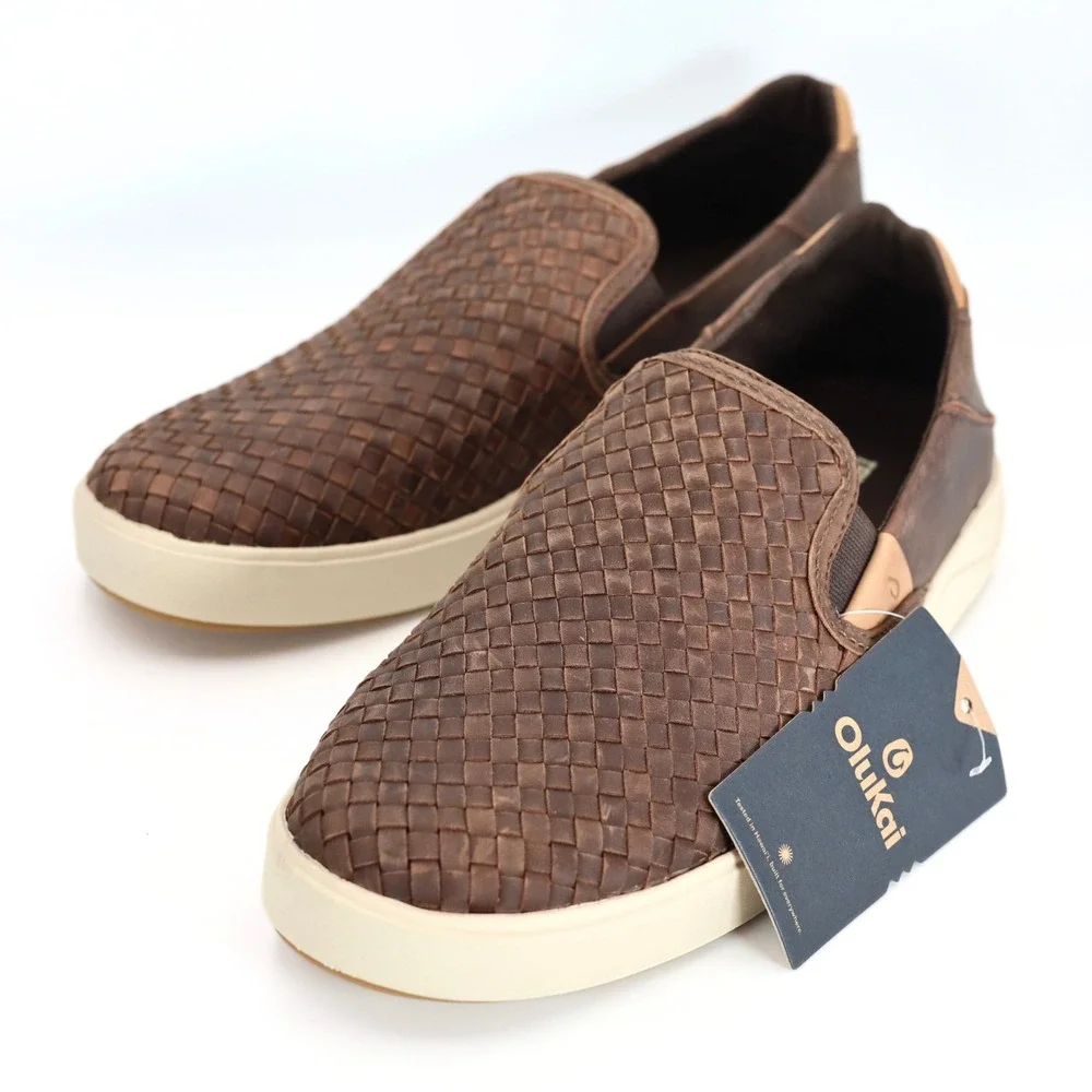 OluKai Lae'ahi Lauhala Mens 10.5 Dark Java Woven Leather Slip On Shoes NWT